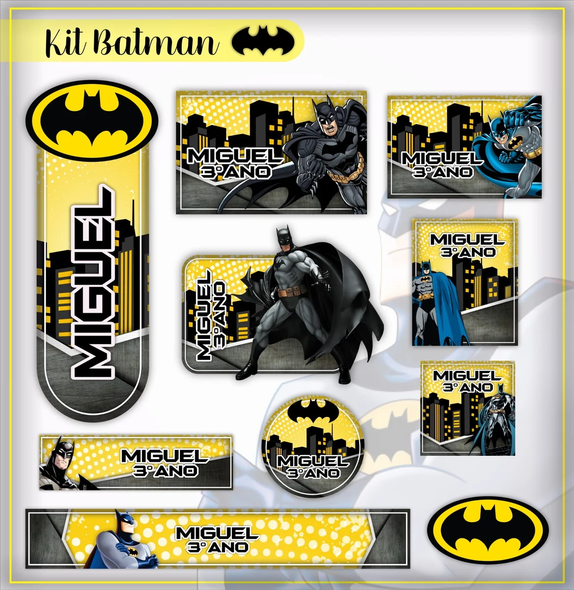Alternativo: Conjunto de rótulos adesivos para organização escolar em tamanhos variados com o herói Batman em posição de ação e o icônico símbolo do morcego em fundo amarelo e preto, contendo guias de corte em arquivo digital de corte.