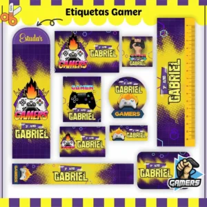 Arte vetorial para identificação de materiais escolares com estampas de consoles, botões direcionais e barras de vida em tons vibrantes de azul e verde neon, destacando as linhas de corte periféricas.