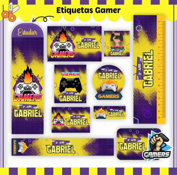Arte vetorial para identificação de materiais escolares com estampas de consoles, botões direcionais e barras de vida em tons vibrantes de azul e verde neon, destacando as linhas de corte periféricas.