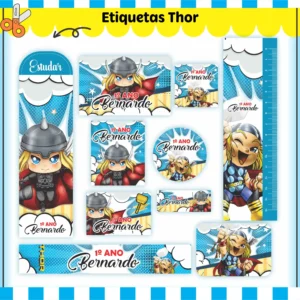 Conjunto de rótulos adesivos escolares em tamanhos variados com o poderoso personagem Thor segurando seu martelo Mjolnir em meio a raios brilhantes sobre um fundo escuro e heróico, exibindo linhas de contorno em arquivo digital de corte.