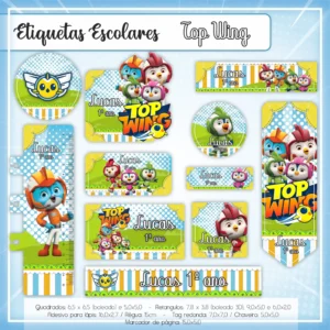 Conjunto de rótulos adesivos escolares em tamanhos variados com os personagens Swift, Penny, Brody e Rod da equipe Top Wing sorridentes em suas fardas de resgate sobre fundo azul com nuvens e o emblema da academia, exibindo linhas de contorno em arquivo digital de corte.