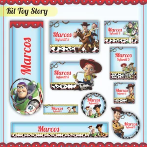 Conjunto de rótulos adesivos escolares em tamanhos variados com os personagens Woody e Buzz Lightyear sorrindo em um fundo azul com nuvens brancas, exibindo linhas de contorno em arquivo digital de corte.