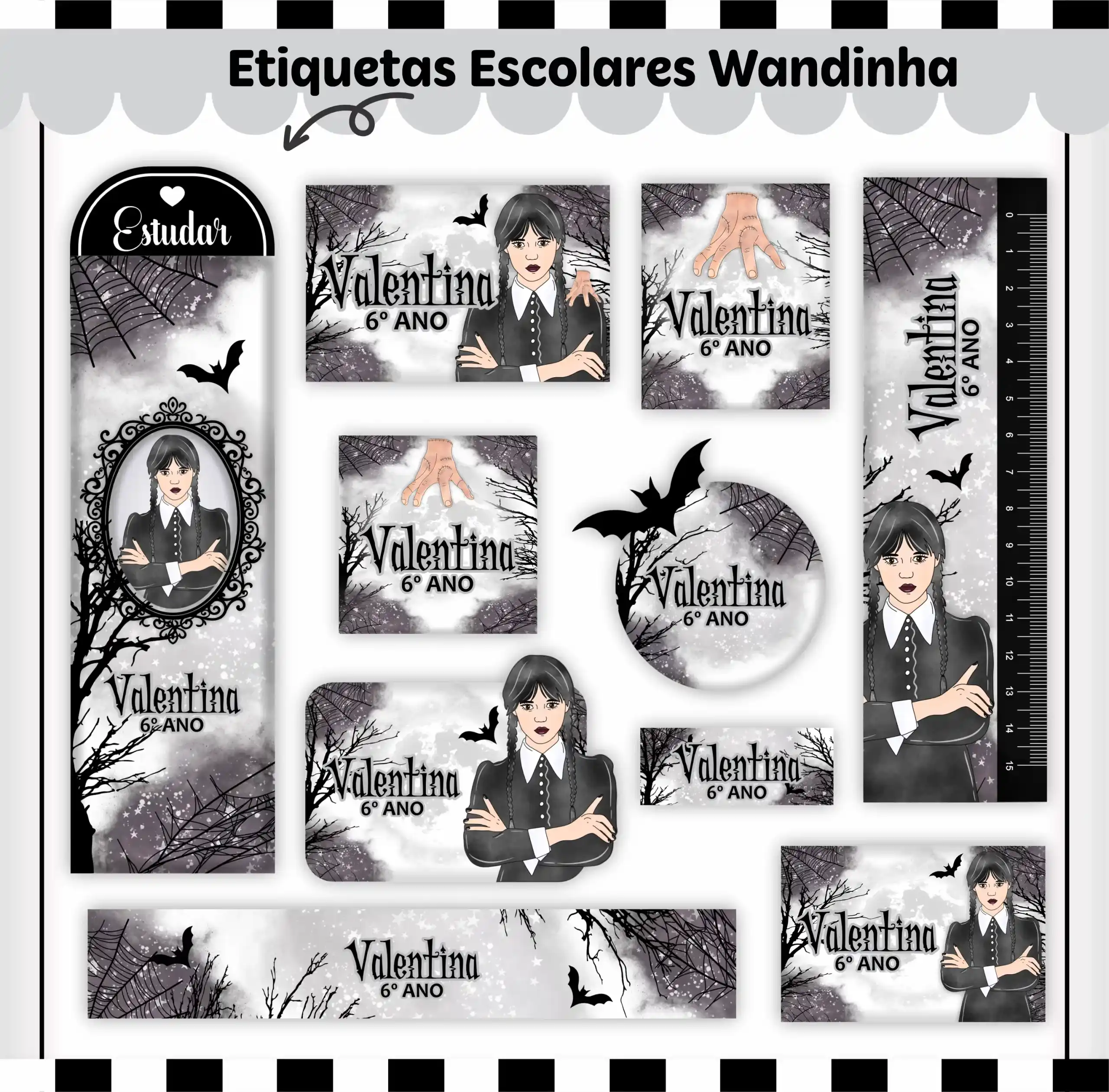 Etiqueta Escolar Wandinha Studio, Png, Cdr e Pdf