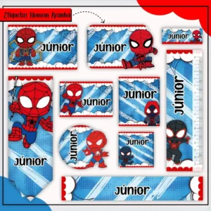 Gabarito digital de rótulo adesivo escolar personalizado com o herói Homem Aranha em pose de ação soltando teias, cercado por texturas de teias e fundo urbano, exibindo linhas de contorno precisas para recorte.