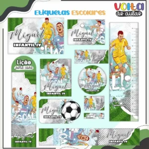 Etiquetas escolares personalizadas com estampas de futebol e bola para identificação de lápis e cadernos.