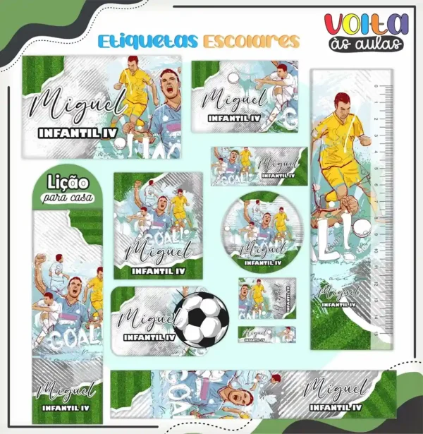 Etiquetas escolares personalizadas com estampas de futebol e bola para identificação de lápis e cadernos.