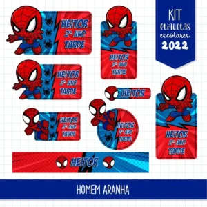 Gabarito digital de rótulos adesivos escolares em diferentes tamanhos personalizados com o herói Homem Aranha, indicando formatos retangulares e finos para lápis e cadernos, com linhas de contorno precisas para recorte.