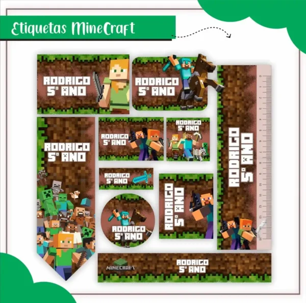 Gabarito digital de identificação escolar com design de blocos pixelados e texturas do jogo Minecraft adaptado para lápis e cadernos, exibindo as linhas estruturadas de contorno para recorte.