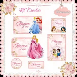 Conjunto de etiquetas adesivas em dois tamanhos com o tema Princesas Disney: modelos finos para envolver lápis e canetas e molduras retangulares com linhas para identificação de cadernos.