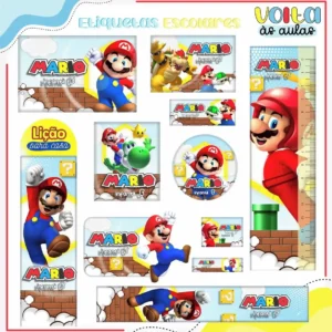 Etiquetas escolares personalizadas do Super Mario para identificação e organização de lápis e cadernos.