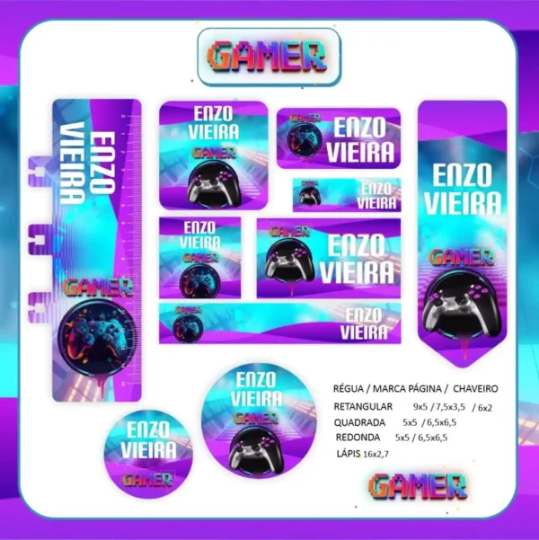 Conjunto de adesivos escolares nos formatos retangular grande para cadernos e tiras finas para lápis, decorados com ícones de joysticks e telas de vídeo game sobre fundo tecnológico.