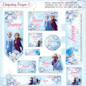 Conjunto de rótulos adesivos retangulares para cadernos com as personagens Elsa e Anna em pose clássica em um fundo de cristais de gelo e tons de azul claro, contendo linhas guias em arquivo digital de corte.