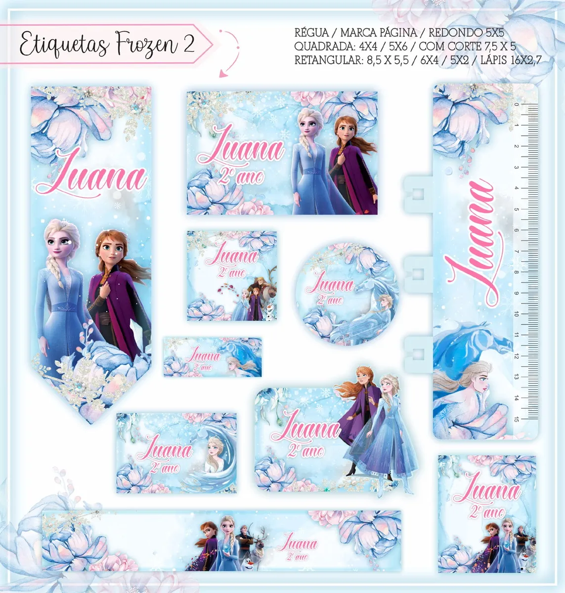 Conjunto de rótulos adesivos retangulares para cadernos com as personagens Elsa e Anna em pose clássica em um fundo de cristais de gelo e tons de azul claro, contendo linhas guias em arquivo digital de corte.