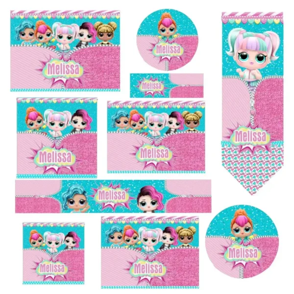 Conjunto de rótulos adesivos escolares em tamanhos variados com as bonecas Lol Surprise exibindo looks brilhantes e penteados modernos em fundo colorido com confetes e degradê pastel, mostrando linhas de contorno em arquivo digital de corte.