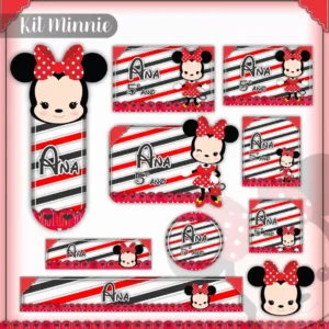 Conjunto de rótulos adesivos para organização escolar em tamanhos variados com a personagem Minnie Mouse sorridente usando seu clássico laço vermelho e vestido de bolinhas brancas em fundo alegre com poás, contendo guias de corte em arquivo digital de corte.