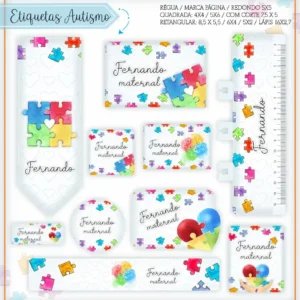 Adesivos escolares para identificação de cadernos com fundo temático do autismo, exibindo corações e fitas formados por quebra-cabeças coloridos e linhas pontilhadas para preenchimento manual.