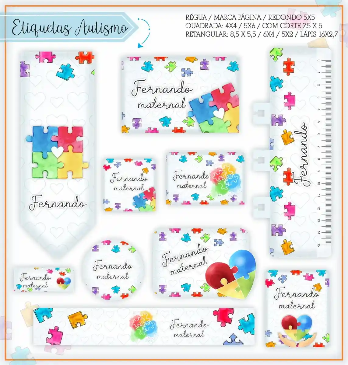 Adesivos escolares para identificação de cadernos com fundo temático do autismo, exibindo corações e fitas formados por quebra-cabeças coloridos e linhas pontilhadas para preenchimento manual.