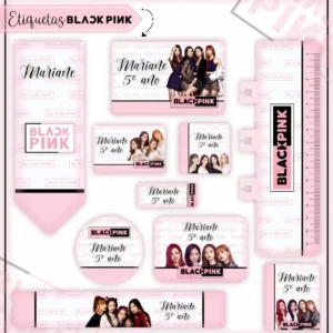 Gabarito digital de etiqueta escolar com o logotipo do grupo Blackpink, fontes modernas em preto e rosa e campos para identificação, apresentando linhas estruturadas de contorno e pronto para produção.