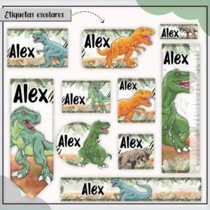 Conjunto de rótulos adesivos escolares em tamanhos variados com um feroz e divertido Dinossauro Tiranossauro Rex verde sorrindo sobre um fundo dinâmico com pegadas, folhagens tropicais e detalhes de selva, exibindo linhas de contorno em arquivo digital de corte.