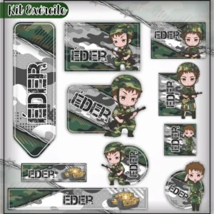 Etiquetas escolares para caderno com estampa camuflada do Exército para impressão e identificação de materiais.