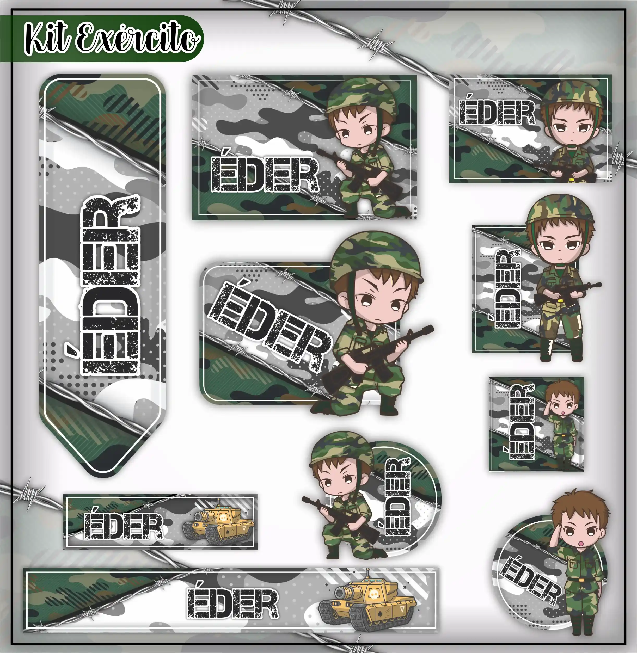 Etiquetas escolares para caderno com estampa camuflada do Exército para impressão e identificação de materiais.