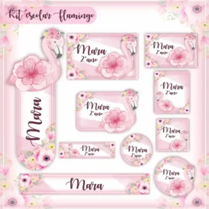 Gabarito digital de etiqueta escolar com ilustrações de flamingos cor-de-rosa e folhas tropicais delicadas, apresentando linhas estruturadas de contorno e campos para preenchimento de dados de identificação.