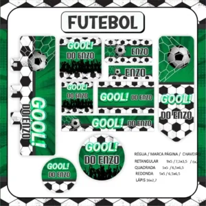 Etiquetas escolares para caderno com estampa de futebol e trave para imprimir e personalizar materiais.