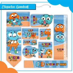 Etiquetas escolares para caderno com o tema Gumball para impressão e identificação de materiais.
