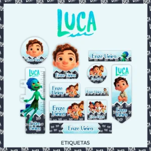 Gabarito digital de identificação escolar com temática do filme Luca da Disney Pixar, exibindo o vilarejo italiano da Riviera e o monstro marinho em tons de azul e verde, com as linhas estruturadas de contorno para recorte.