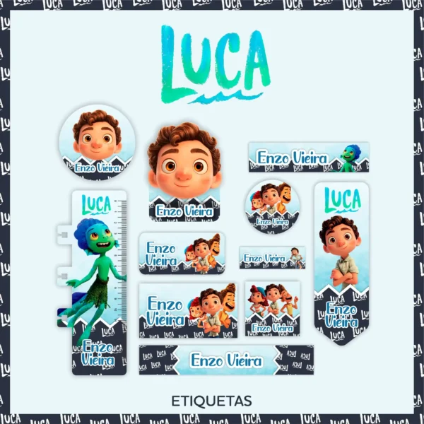 Gabarito digital de identificação escolar com temática do filme Luca da Disney Pixar, exibindo o vilarejo italiano da Riviera e o monstro marinho em tons de azul e verde, com as linhas estruturadas de contorno para recorte.