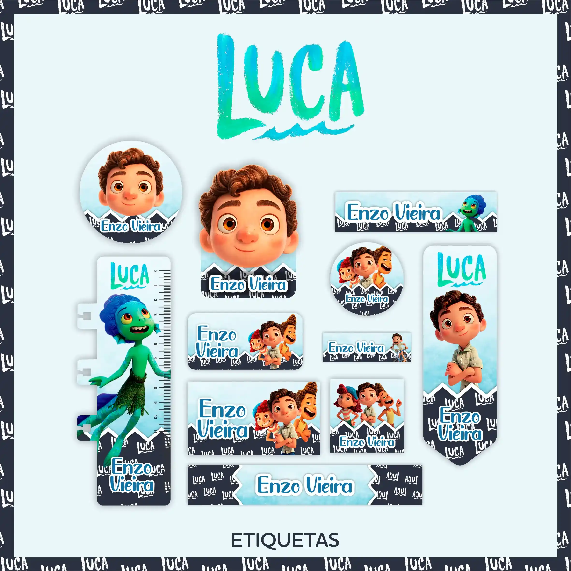 Gabarito digital de identificação escolar com temática do filme Luca da Disney Pixar, exibindo o vilarejo italiano da Riviera e o monstro marinho em tons de azul e verde, com as linhas estruturadas de contorno para recorte.