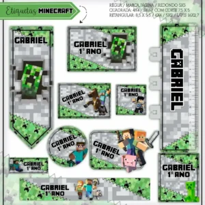 Gabarito digital de identificação escolar com design de blocos pixelados, grama quadrada e texturas clássicas do jogo Minecraft, exibindo as linhas estruturadas de contorno e tamanho para recorte.
