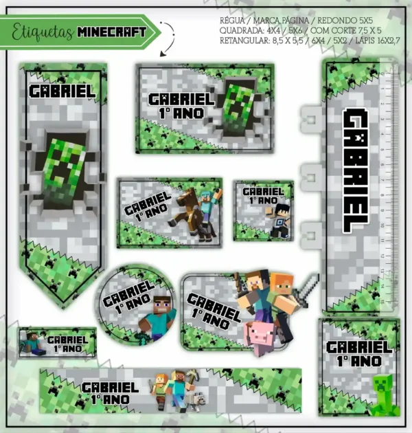 Gabarito digital de identificação escolar com design de blocos pixelados, grama quadrada e texturas clássicas do jogo Minecraft, exibindo as linhas estruturadas de contorno e tamanho para recorte.