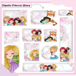 Folha de etiquetas retangulares prontas para impressão com o tema Princesas Disney, exibindo bordas florais, coroas douradas e pautas nítidas para escrever nome e matéria.