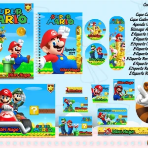 Etiquetas escolares para caderno com o tema Super Mario Bros para impressão e identificação de materiais.