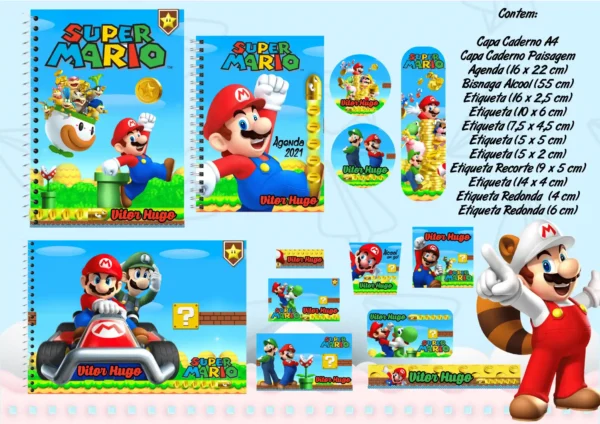 Etiquetas escolares para caderno com o tema Super Mario Bros para impressão e identificação de materiais.