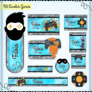 Rótulos adesivos de caderno inspirados em vídeo games, mostrando controles de console modernos, pixels coloridos em fundo escuro e espaços retangulares claros para dados escolares.