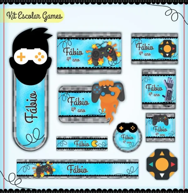 Rótulos adesivos de caderno inspirados em vídeo games, mostrando controles de console modernos, pixels coloridos em fundo escuro e espaços retangulares claros para dados escolares.