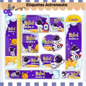 Conjunto de rótulos adesivos escolares em tamanhos variados com um simpático astronauta flutuando no espaço sideral próximo a planetas coloridos, estrelas brilhantes e foguetes, exibindo linhas de contorno em arquivo digital de corte.
