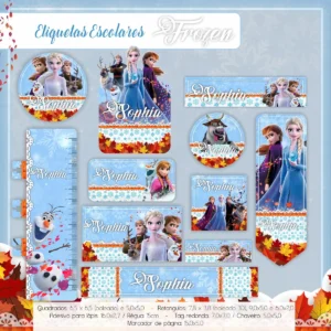 Conjunto de rótulos adesivos para organização de materiais escolares em tamanhos variados com as personagens Elsa, Anna e o boneco de neve Olaf em fundo de castelo de gelo, contendo guias de corte em arquivo digital de corte.