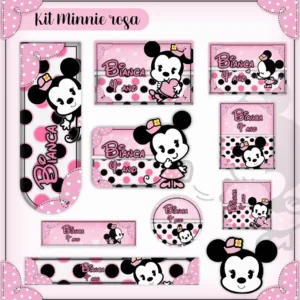 Conjunto de rótulos adesivos para organização escolar em tamanhos variados com a personagem Minnie Mouse usando seu lindo laço rosa e vestido de bolinhas em fundo delicado com poás, contendo guias de corte em arquivo digital de corte.