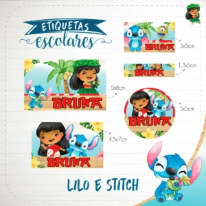 Conjunto de rótulos adesivos escolares em tamanhos variados com os personagens Stitch e Lilo sorridentes em um fundo tropical com folhas de costela-de-adão e flores de hibisco em tons de azul e rosa, exibindo linhas de contorno em arquivo digital de corte.