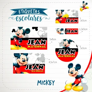 Alternativo: Conjunto de rótulos adesivos escolares em tamanhos variados com o personagem Mickey Mouse espiando de forma divertida atrás de uma moldura com suas cores clássicas e silhuetas de orelhas, exibindo linhas de contorno em arquivo digital de corte.