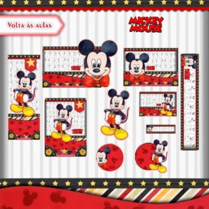 Alternativo: Conjunto de rótulos adesivos escolares em tamanhos variados com o clássico personagem Mickey Mouse exibindo seu sorriso marcante em um fundo temático com poás e listras nas cores vermelho e preto, mostrando linhas de contorno em arquivo digital de corte.