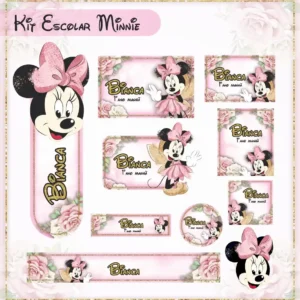 Conjunto de rótulos adesivos escolares em tamanhos variados com a personagem Minnie vestida de fada com asas brilhantes e uma varinha de condão em fundo mágico com estrelas e tons pastéis, exibindo linhas de contorno em arquivo digital de corte.