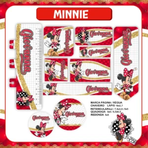 Alternativo: Conjunto de rótulos adesivos para organização escolar em tamanhos variados com a personagem Minnie Mouse sorridente usando seu clássico laço vermelho com bolinhas brancas, disposta em um fundo alegre e decorado com poás, contendo guias de corte em arquivo digital de corte.