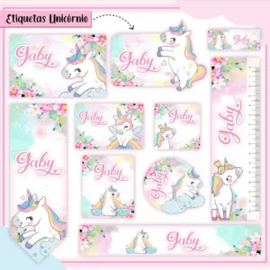 Conjunto de rótulos adesivos escolares personalizáveis em tamanhos variados com um unicórnio fofo de crina arco-íris, nuvens e estrelas brilhantes em fundo pastel degradê, exibindo linhas de contorno em arquivo digital de corte.