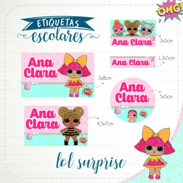 Conjunto de rótulos adesivos escolares em tamanhos variados com as bonecas Lol Surprise fashionistas cercadas por pequenas estrelas, corações e elementos fofos em fundo azul-turquesa e rosa, exibindo as linhas de contorno em arquivo digital de corte.