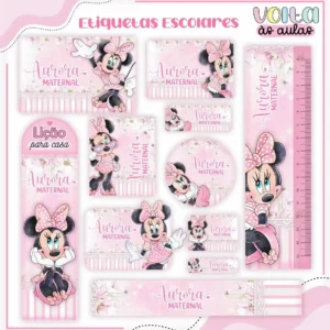 Conjunto de rótulos adesivos em tamanhos variados para identificação de materiais com a personagem Minnie Mouse sorrindo com seu clássico vestido e laço rosa com poás brancos em fundo delicado, exibindo linhas de contorno em arquivo digital de corte.