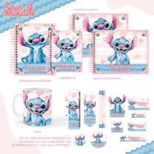 Conjunto de rótulos adesivos escolares em tamanhos variados com o carismático personagem Stitch azul exibindo um sorriso divertido e grandes orelhas em fundo tropical azul-turquesa com flores de hibisco, mostrando linhas de contorno em arquivo digital de corte.